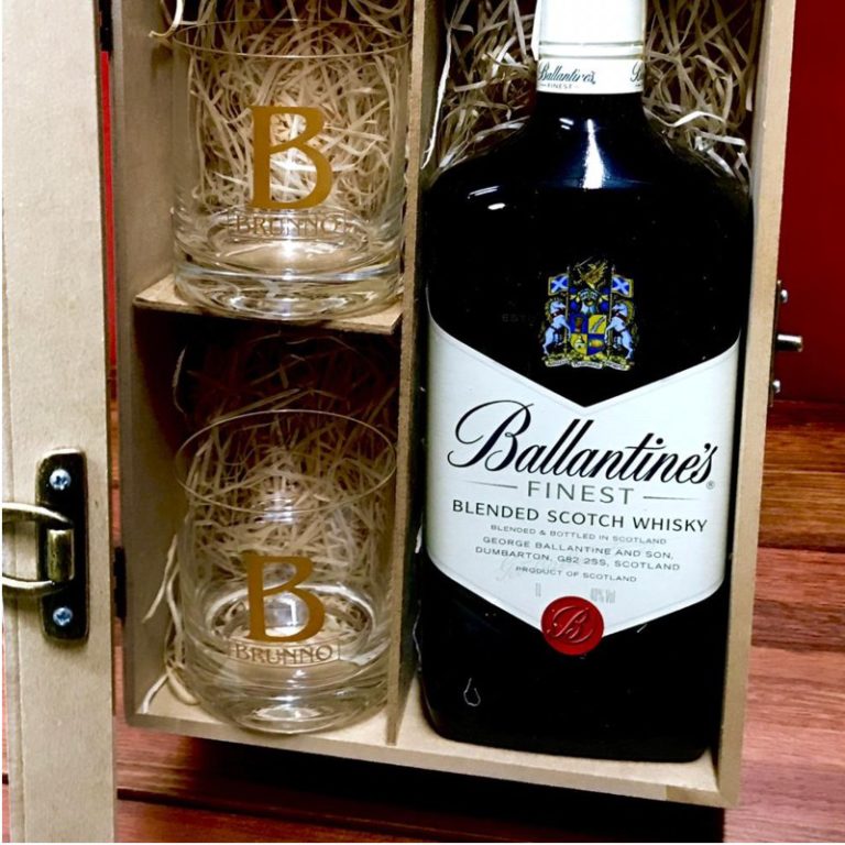 Caixa Mdf 2 Copos Cristal Whisky Ballantines Finest Presentes